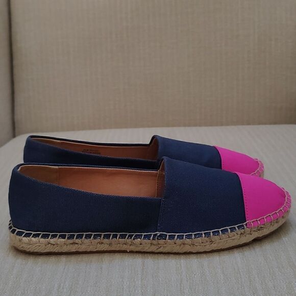J. Crew Navy Blue Canvas Slip On Espadrilles Flats with Pink Cap Toe Size 6 - Picture 3 of 10